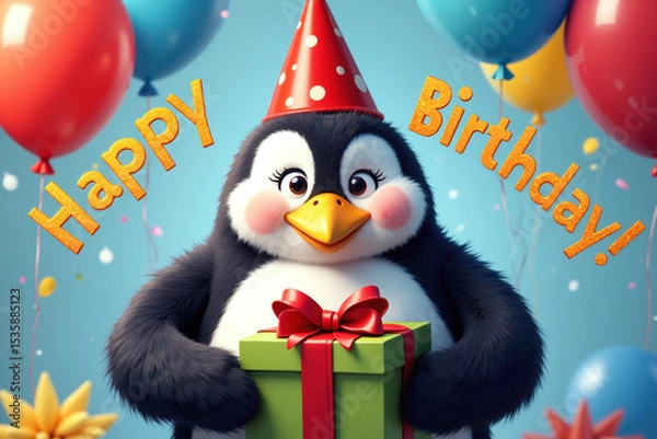 Obraz A cartoon penguin wearing a party hat holds a green gift box with a red bow, surrounded by colorful balloons and confetti.