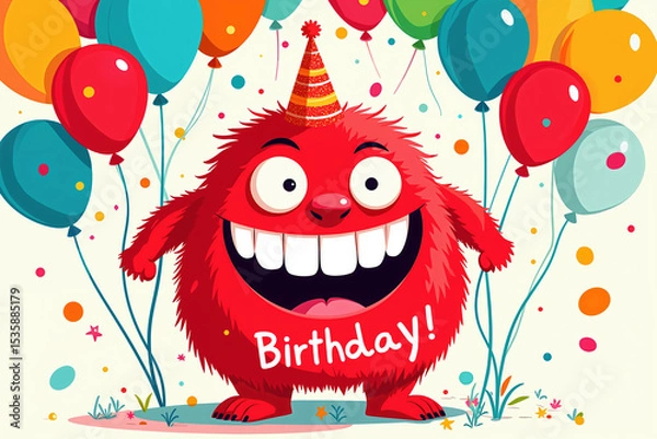 Obraz A cartoon red monster with a party hat and Birthday! on its belly, surrounded by colorful balloons and confetti, in a playful and festive atmosphere.