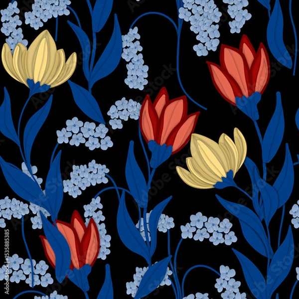 Fototapeta Seamless flower pattern. Abstract pattern. Textile print pattern. Black background. 