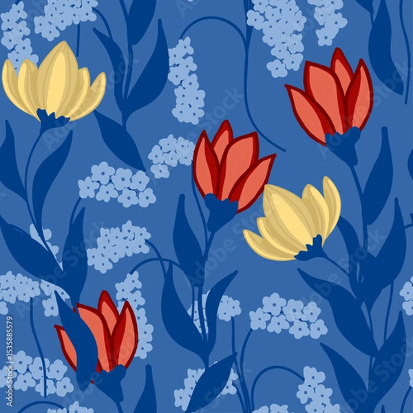 Fototapeta Seamless flower pattern. Abstract pattern. Textile print pattern. Blue background. 
