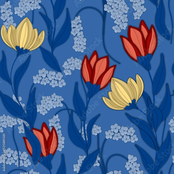 Fototapeta Seamless flower pattern. Abstract pattern. Textile print pattern. Blue background. 