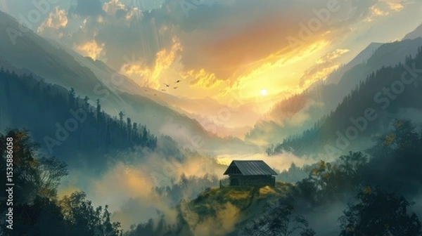 Fototapeta Mountain landscape illustration with scenic nature view