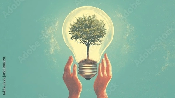 Fototapeta A person holding a glowing light bulb with a small tree growing inside, symbolizing hope, growth, and sustainability, minimalistic style