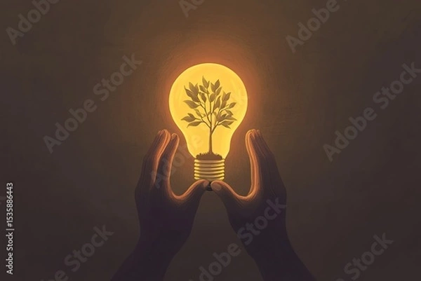 Fototapeta A person holding a glowing light bulb with a small tree growing inside, symbolizing hope, growth, and sustainability, minimalistic style