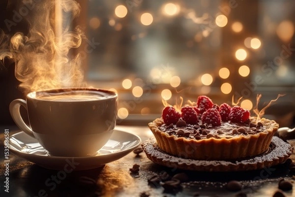 Fototapeta Warm coffee and a delicious pastry sit on a wooden table, illuminated by soft sunlight, inviting a cozy afternoon break in a serene setting