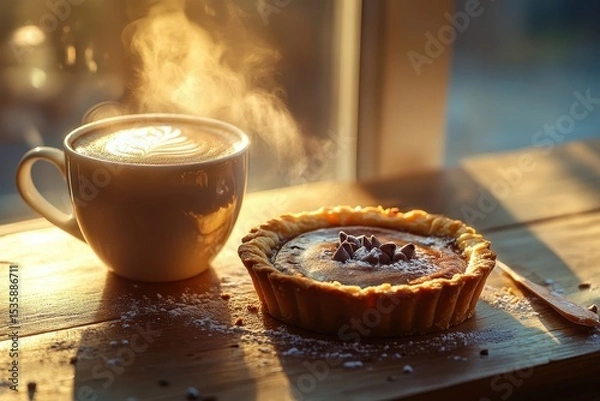 Fototapeta Warm coffee and a delicious pastry sit on a wooden table, illuminated by soft sunlight, inviting a cozy afternoon break in a serene setting