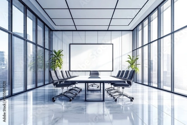 Fototapeta Modern conference room with glass walls, empty table, and city views during daytime in a high-rise building
