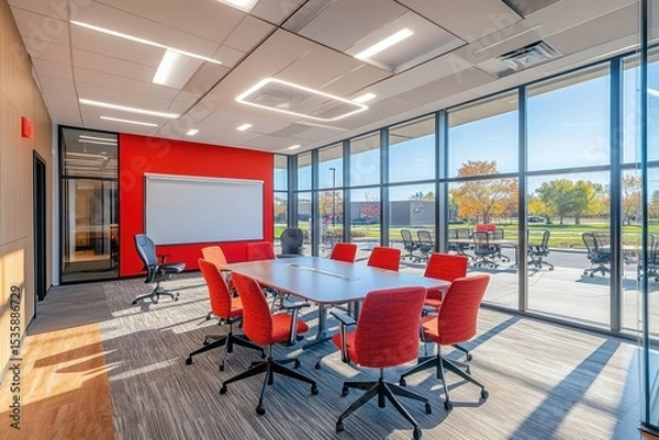 Fototapeta Modern conference room with glass walls, empty table, and city views during daytime in a high-rise building
