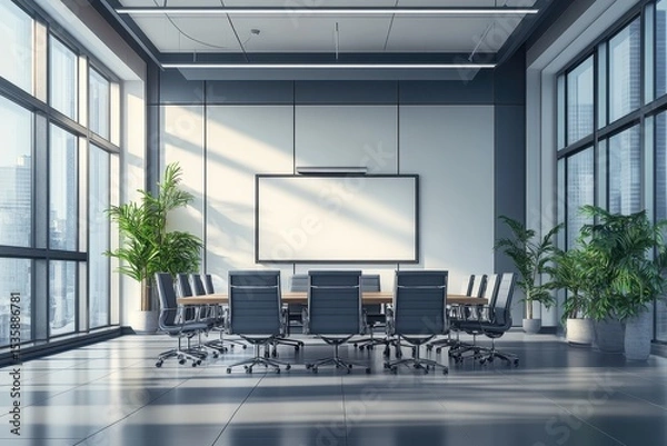 Fototapeta Modern conference room with glass walls, empty table, and city views during daytime in a high-rise building