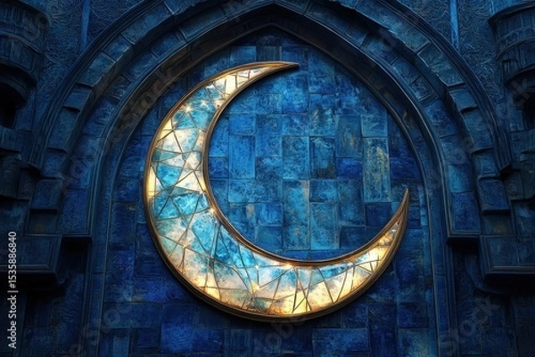 Fototapeta Crescent moon decoration on a blue building at dusk, illuminated against a cloudy sky in a cultural setting
