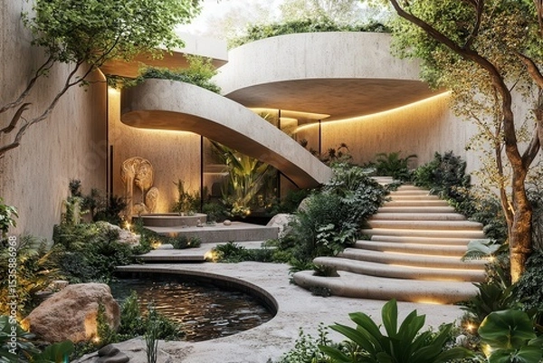 Fototapeta Modern landscape design featuring a serene garden with illuminated steps and a water feature surrounded by lush greenery