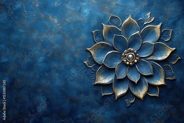 Fototapeta Beautiful blue and gold flower wall art creating an elegant atmosphere in a serene indoor setting