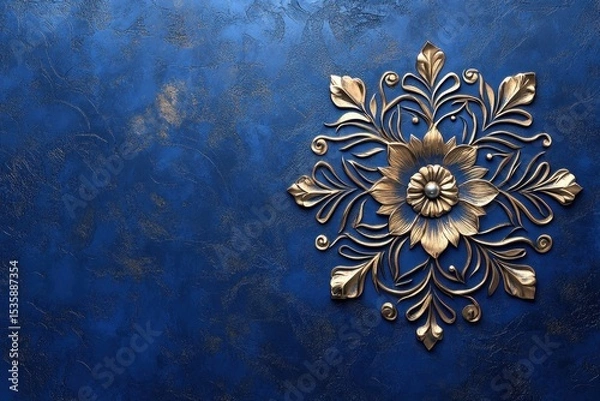 Fototapeta Beautiful blue and gold flower wall art creating an elegant atmosphere in a serene indoor setting