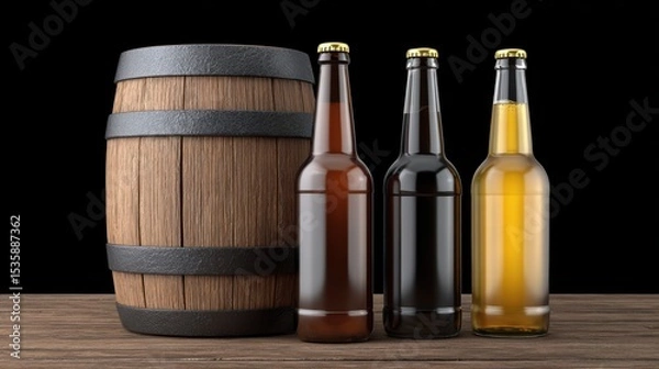 Fototapeta Craft beer barrel local concept. Three bottles of beer beside a wooden barrel on a rustic table.