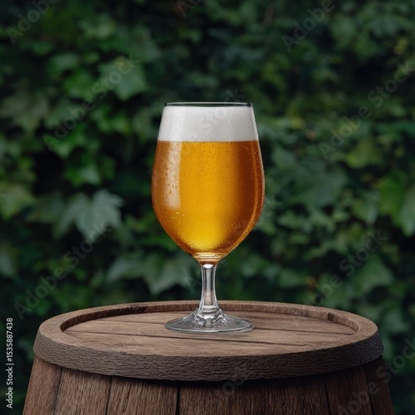 Fototapeta Craft beer barrel local concept. A glass of beer sits on a wooden barrel with a blurred green background.