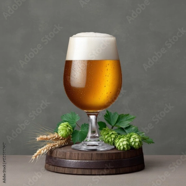 Fototapeta Craft beer barrel local concept. A frosty beer glass sits on a wooden base with hops and wheat beside it.