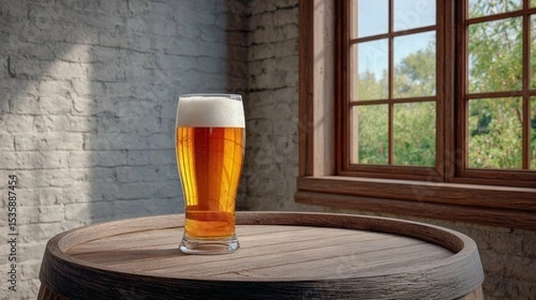 Fototapeta Craft beer barrel local concept. A pint of beer rests on a wooden barrel, illuminated by sunlight streaming through a window.