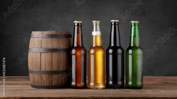 Fototapeta Craft beer barrel local concept. Craft beer bottles arranged beside a wooden barrel on a rustic table.