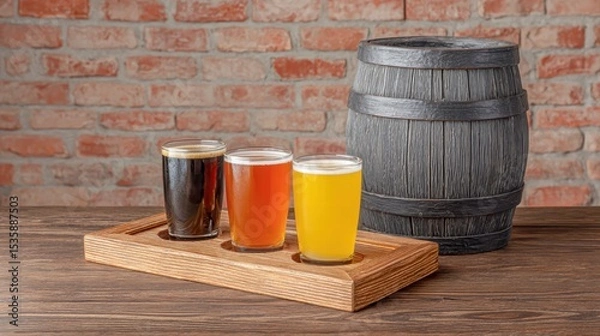 Fototapeta Craft beer barrel local concept. Three beer glasses on a wooden flight with a barrel against a brick wall backdrop.