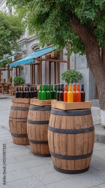 Fototapeta Craft beer barrel local concept. Three wooden barrels display colorful bottles in an outdoor setting, surrounded by greenery and architecture.