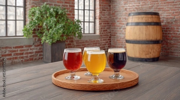 Fototapeta Craft beer barrel local concept. Craft beer selection on a wooden tray in a rustic brewery setting with a barrel in the background.