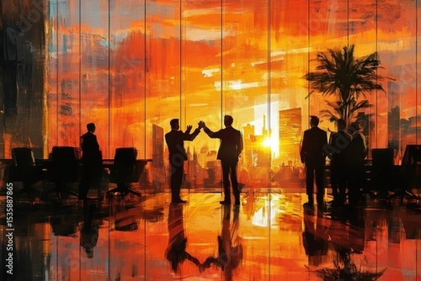 Fototapeta Team members celebrate a successful project completion in a modern office during afternoon sunlight