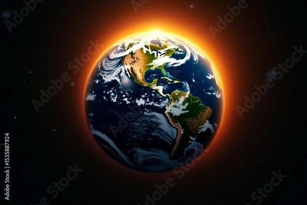 Fototapeta Earth surrounded by a glowing orange halo, showcasing a stunning view of the planet from space, emphasizing the beauty of our world in a cosmic setting 

