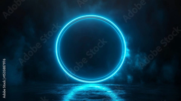Fototapeta Futuristic neon-blue circular design on a dark backdrop resembling a mystical portal, suitable for branding mockups