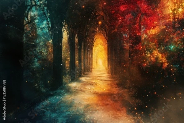 Fototapeta Enchanting forest path illuminated by colorful foliage and ethereal light during twilight hours