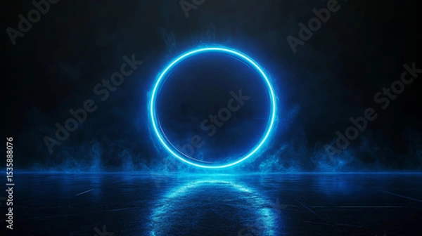 Fototapeta Futuristic neon-blue circular design on a dark backdrop resembling a mystical portal, suitable for branding mockups