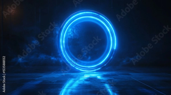 Fototapeta Futuristic neon-blue circular design on a dark backdrop resembling a mystical portal, suitable for branding mockups