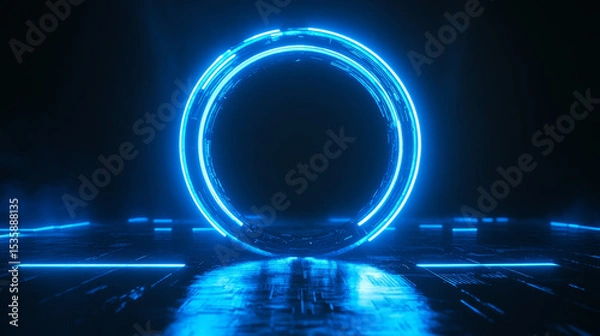 Fototapeta Futuristic neon-blue circular design on a dark backdrop resembling a mystical portal, suitable for branding mockups
