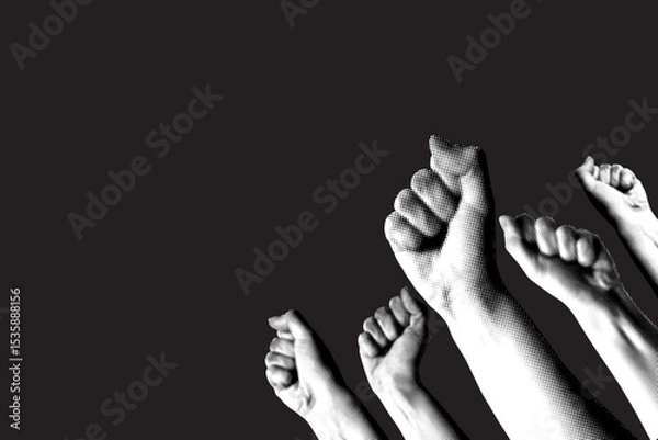Fototapeta Halftone hands raised up with closed fist. Fists up on black background. Feminists fight. Collage for protest. Protection of rights and freedoms. Woman rights concept. Protesting crowd