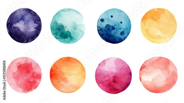 Fototapeta Hand-painted watercolor circles in a variety of colors and textures, forming a set of abstract blot-like designs