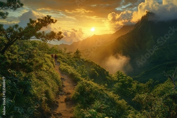 Fototapeta Hikers explore a winding trail at sunset in a lush mountainous landscape filled with vibrant clouds and scenic views