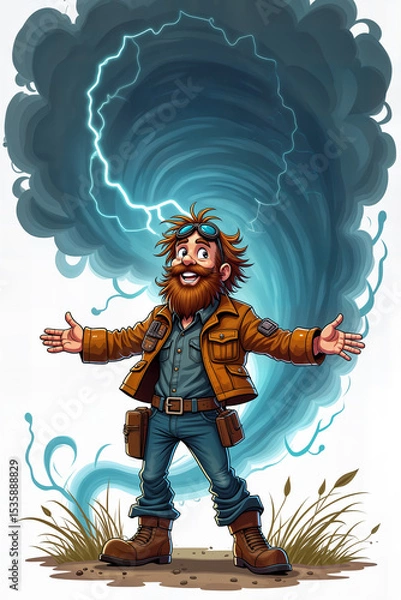 Obraz A joyful storm chaser, with a rugged beard and adventurous attire, stands confidently before a swirling tornado in a cartoonish style.