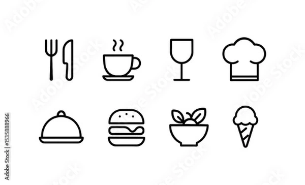 Fototapeta Food and drink line icons set with fork, coffee, wine, chef hat, burger, salad, ice cream. Vector template.