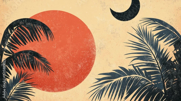 Fototapeta Mid-century modern tropical summer illustration with textured moon and palm silhouettes, ideal for prints, boho decor, or wallpapers. Vector format