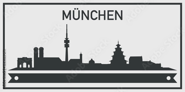 Fototapeta Silhouette of Munchen city skyline with minimalistic design in black and gray color scheme and decorative ribbon for text on the bottom. Vector on a gray background