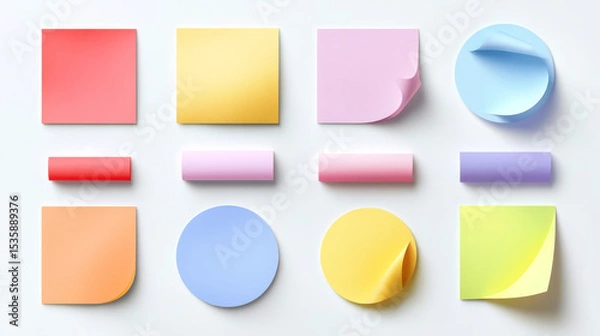 Fototapeta Realistic sticker collection showing round and square shapes with curled corners and shadow effects, designed for mockups