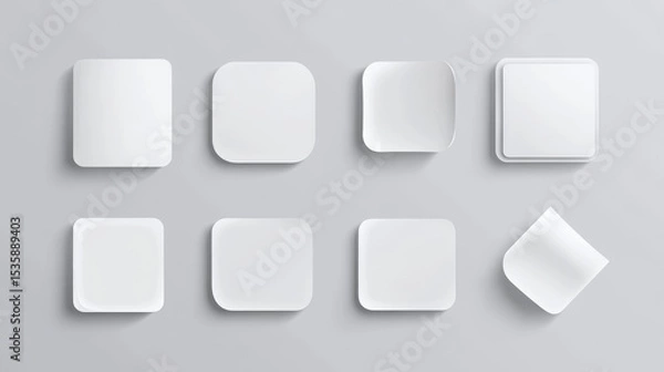 Fototapeta Realistic sticker collection showing round and square shapes with curled corners and shadow effects, designed for mockups