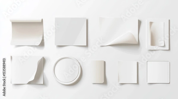 Fototapeta Realistic sticker collection showing round and square shapes with curled corners and shadow effects, designed for mockups