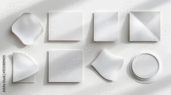 Fototapeta Realistic sticker collection showing round and square shapes with curled corners and shadow effects, designed for mockups