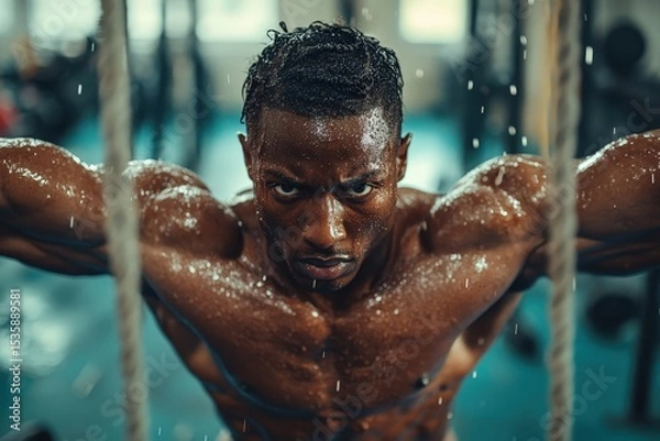 Fototapeta Muscular man exercising with ropes in gym during intense workout session while droplets of sweat fall around him