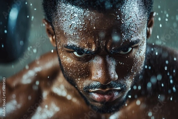 Fototapeta Muscular man exercising with ropes in gym during intense workout session while droplets of sweat fall around him