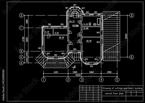 Fototapeta Vector architectural engineering construction
private residential building drawing,
second floor plan, dimensional lines. Industrial design
on sheet of paper. Blueprint of multistory
suburban cottage.