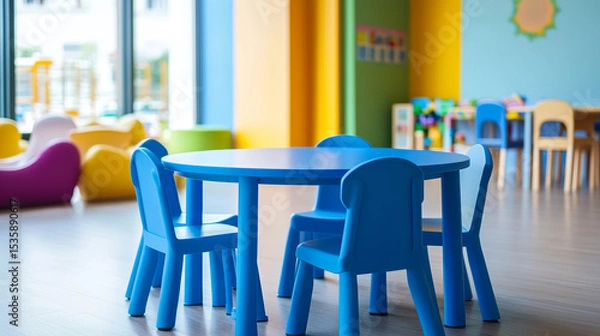 Fototapeta Circular blue kidsâ€™ table with four surrounding chairs placed in a children's activity zone