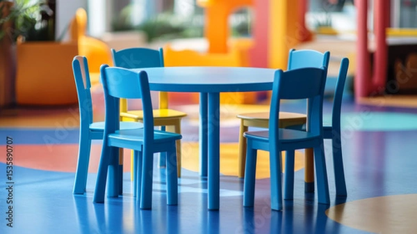 Fototapeta Circular blue kidsâ€™ table with four surrounding chairs placed in a children's activity zone