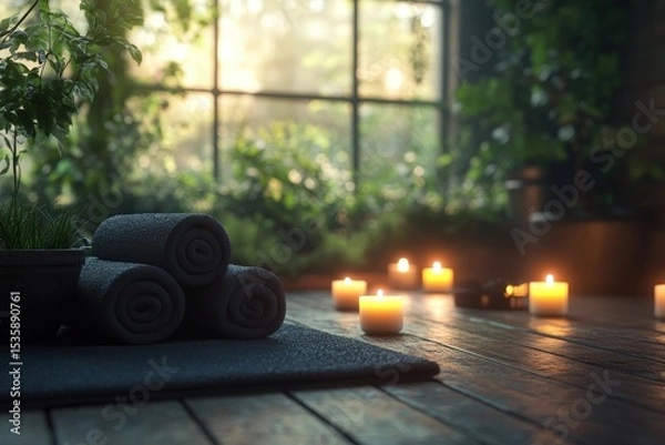 Fototapeta Relaxation space with rolled towels and flickering candles in a lush indoor garden at dusk, creating a serene atmosphere for unwinding