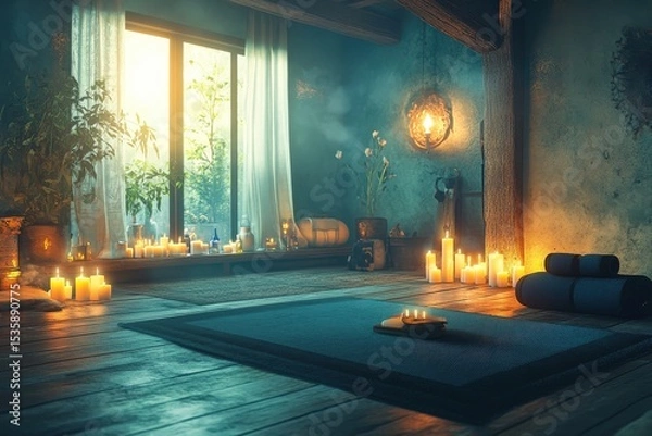 Fototapeta Relaxation space with rolled towels and flickering candles in a lush indoor garden at dusk, creating a serene atmosphere for unwinding